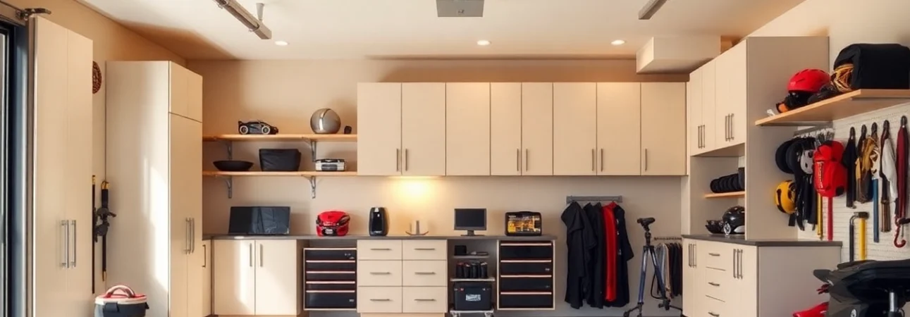 Showcasing a beautifully organized custom garage with stylish cabinetry and well-arranged tools for enhanced functionality.