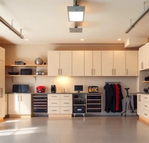 Showcasing a beautifully organized custom garage with stylish cabinetry and well-arranged tools for enhanced functionality.