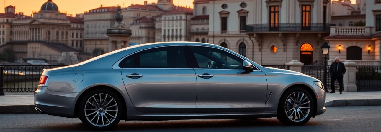 Experience cheap car rental with driver Lisbon with a luxurious sedan against a beautiful sunset backdrop.