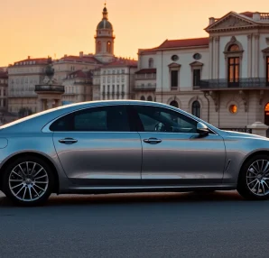 Experience cheap car rental with driver Lisbon with a luxurious sedan against a beautiful sunset backdrop.