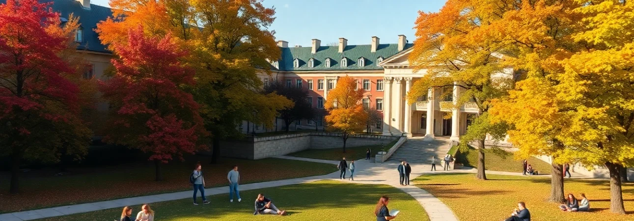 Students participating in Polonya'da Üniversite Eğitimi activities amidst a colorful campus in autumn.