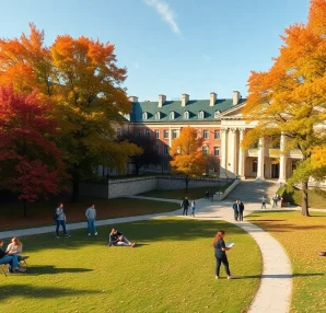 Students participating in Polonya'da Üniversite Eğitimi activities amidst a colorful campus in autumn.