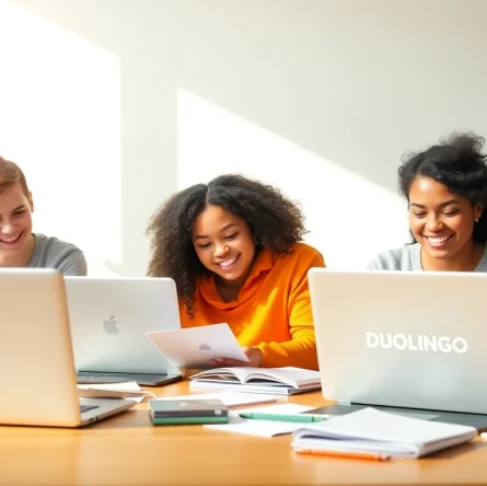 Students engaging in an English test Duolingo with laptops, showcasing diverse study environments.