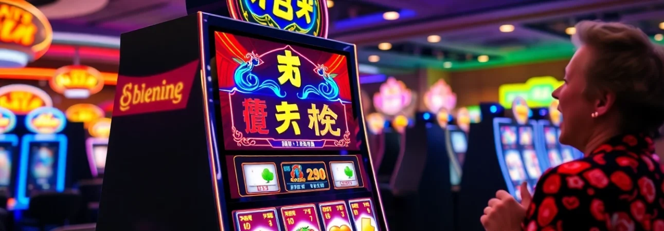 Excited player engages with a colorful เกมสล็อต machine in a lively casino environment.