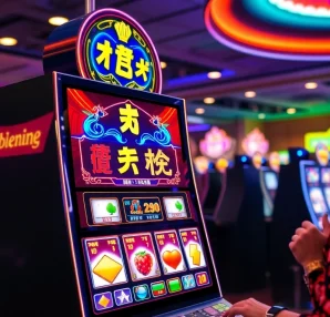 Excited player engages with a colorful เกมสล็อต machine in a lively casino environment.