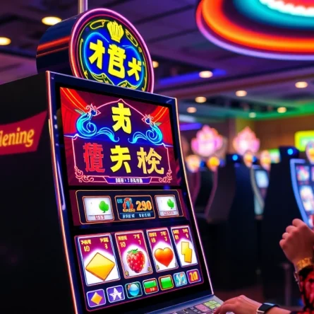 Excited player engages with a colorful เกมสล็อต machine in a lively casino environment.