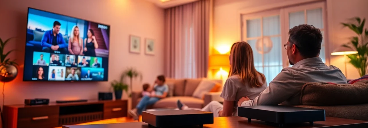 Engage with IPTV Suisse as a family enjoys streaming in a modern living room setting.