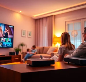 Engage with IPTV Suisse as a family enjoys streaming in a modern living room setting.