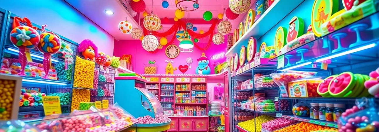 Visit this delightful candy store near me featuring a rainbow of candy selections showcased on colorful shelving.