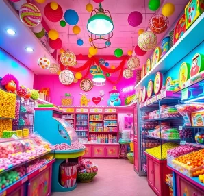 Visit this delightful candy store near me featuring a rainbow of candy selections showcased on colorful shelving.