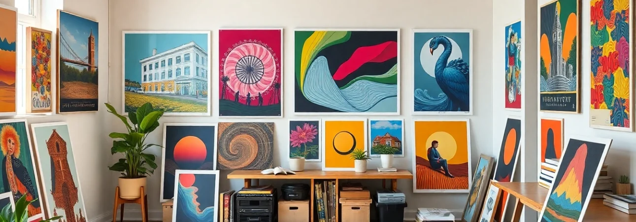 Showcase poster printing Dublin with colorful prints spread in a creative studio workspace.