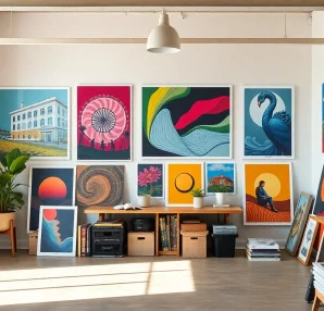 Showcase poster printing Dublin with colorful prints spread in a creative studio workspace.