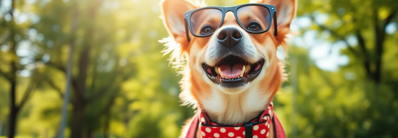 Stylish dog showcasing trendy pet accessories in a sunny park setting, radiating joy.