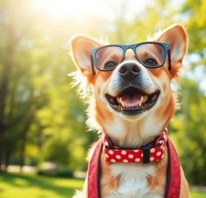 Stylish dog showcasing trendy pet accessories in a sunny park setting, radiating joy.