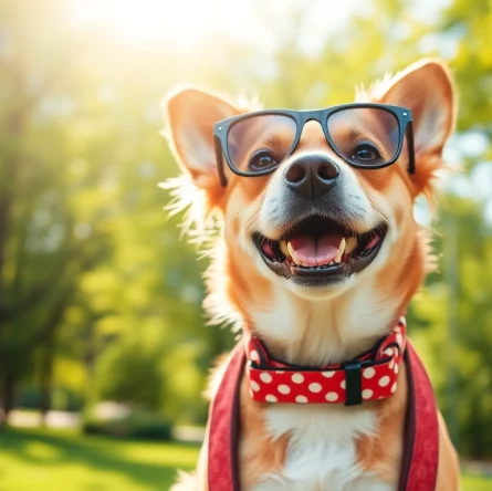 Stylish dog showcasing trendy pet accessories in a sunny park setting, radiating joy.