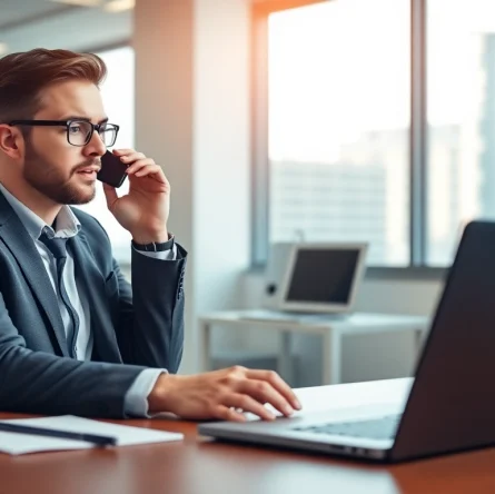 Engage in real estate lead generation cold calling services with a focused agent in a modern office.