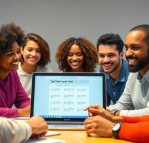 Engage users by taking the test now with a diverse group happily collaborating on an online exam.