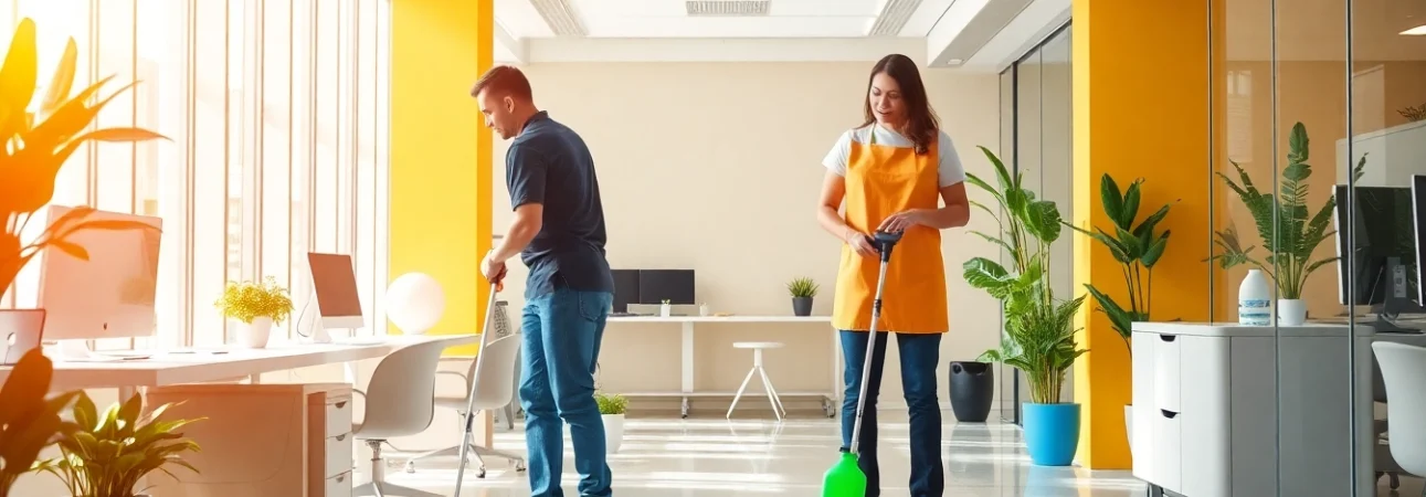 Dedicated professionals performing Jacksonville commercial cleaning in a modern office, showcasing eco-friendly practices.