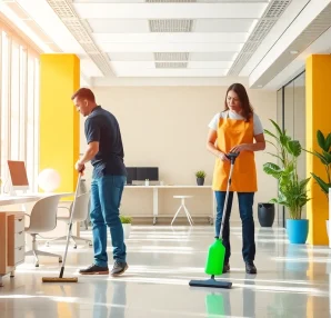 Dedicated professionals performing Jacksonville commercial cleaning in a modern office, showcasing eco-friendly practices.