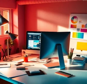 Professional Graphic Design workspace showcasing a designer at work with creative tools and vibrant colors.