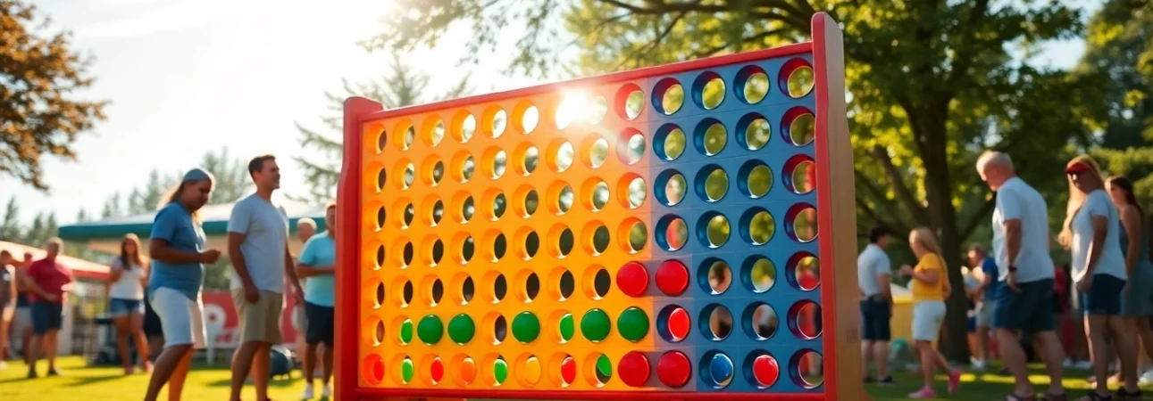 Engaged players enjoying a Giant Connect Four game in a sunny outdoor setting.