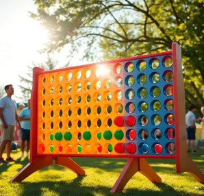 Engaged players enjoying a Giant Connect Four game in a sunny outdoor setting.