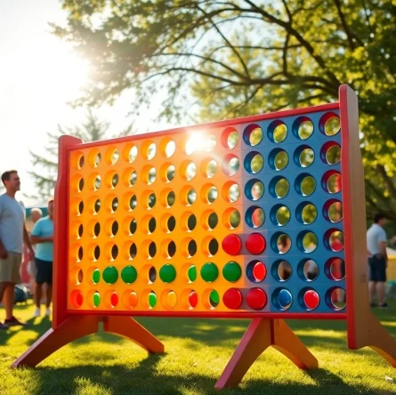 Engaged players enjoying a Giant Connect Four game in a sunny outdoor setting.
