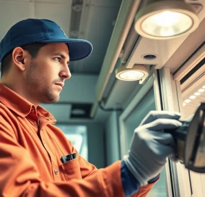 Expert technician engaged in walk in freezer repair in a commercial kitchen setting.