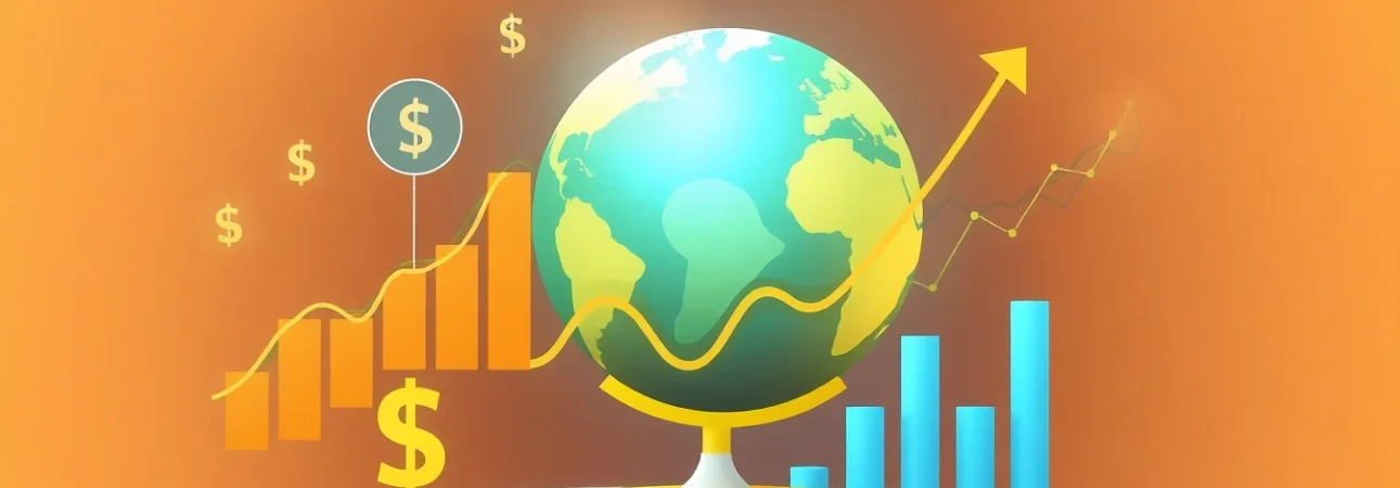 Engaging abstract illustration of économies with global currency symbols and graphs, symbolizing economic growth.