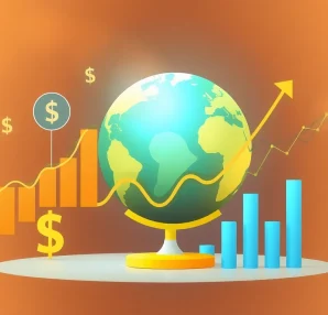 Engaging abstract illustration of économies with global currency symbols and graphs, symbolizing economic growth.