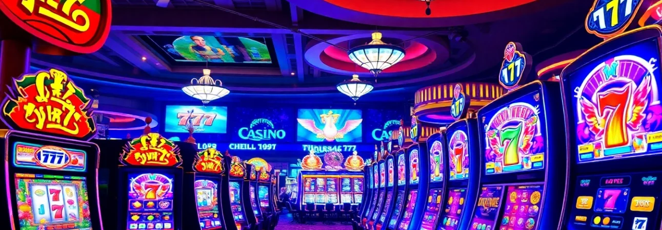 Engaging scene of สล็อต777 slot machines lighting up a lively casino atmosphere, showcasing vibrant graphics.