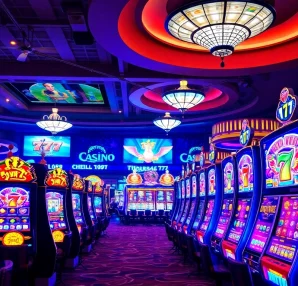 Engaging scene of สล็อต777 slot machines lighting up a lively casino atmosphere, showcasing vibrant graphics.