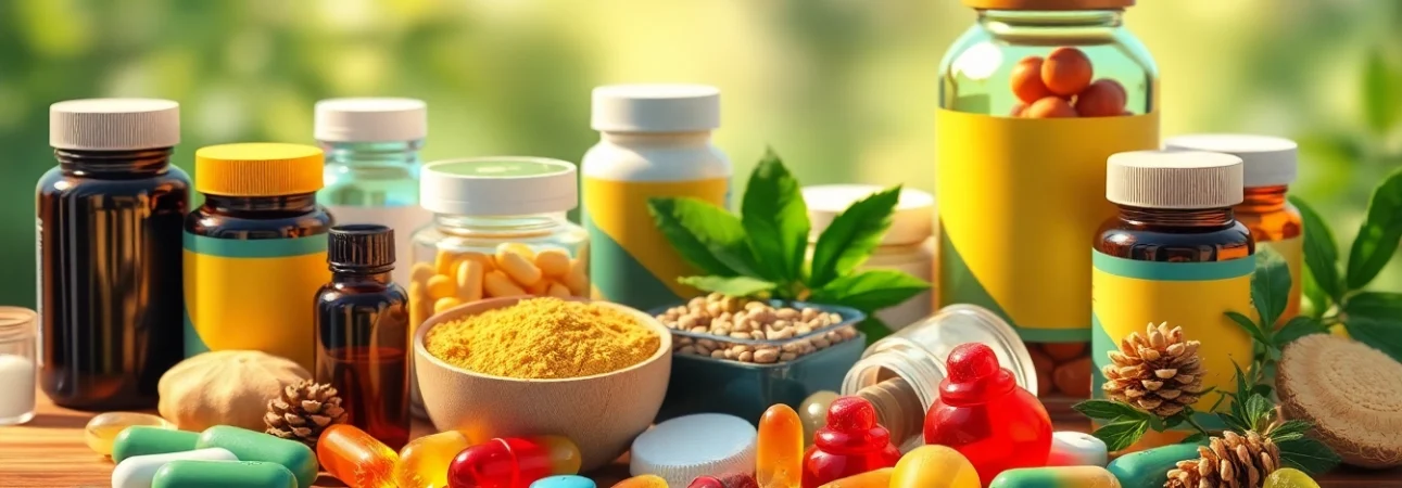 Showcase dietary supplements, featuring colorful capsules and powders displayed attractively on a wooden table.