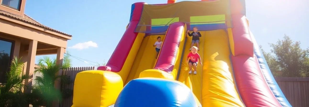 Children enjoying a fun inflatable slide rental at a sunny outdoor event.