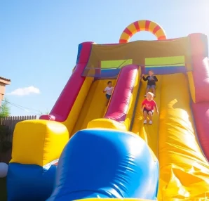 Children enjoying a fun inflatable slide rental at a sunny outdoor event.