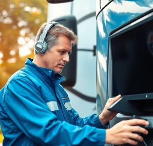 Technician performing Mobile truck diagnostics and repair on-site, ensuring optimal vehicle performance.