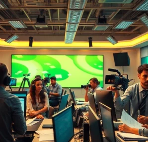 Journalists cover news in a bustling newsroom, showcasing dynamic reporting.