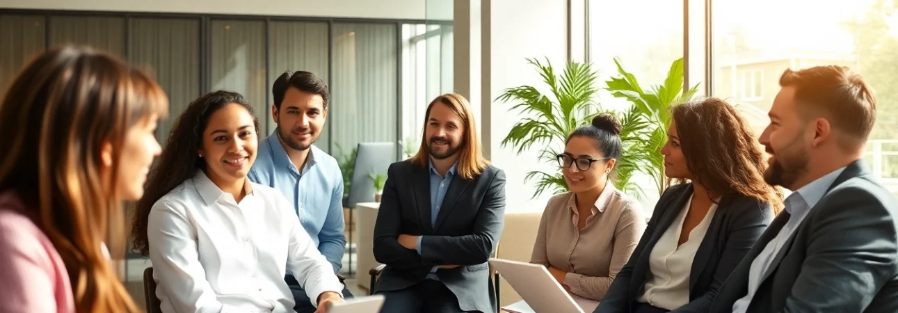 Outsourcing strategies being discussed by diverse professionals in a modern office setting.