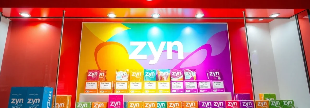 Showcasing Zyn Bahrain nicotine pouches in a modern retail setting highlighting vibrant packaging and variety.