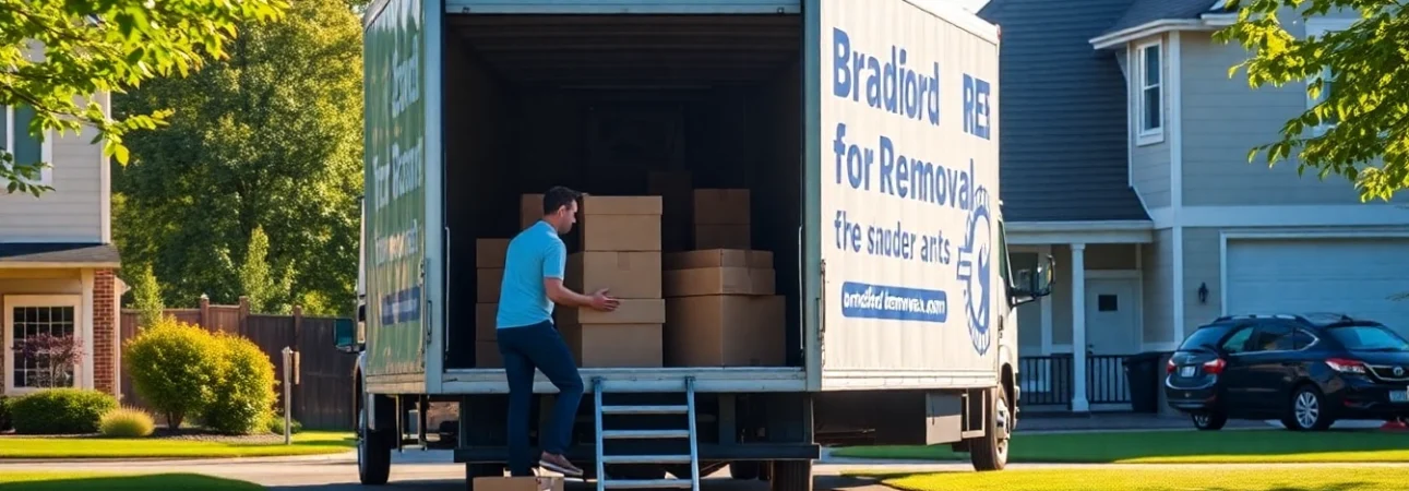 Efficient bradford removal service using a modern truck to assist with moves in a sunny neighborhood.