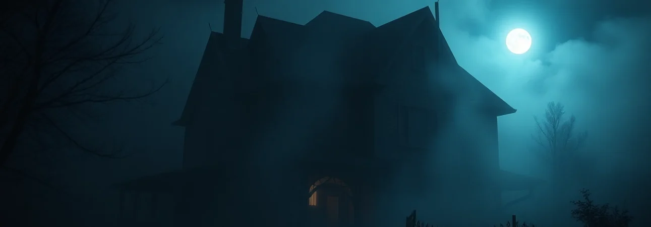 Capture a chilling scene of a haunted house from https://hellhorror.com, with fog and shadows evoking suspense.
