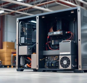 Power Supply Manufacturer showcasing a sleek industrial design in a well-lit workspace for optimal visibility.