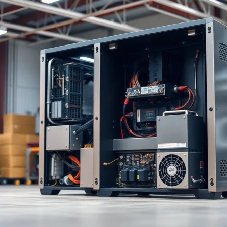 Power Supply Manufacturer showcasing a sleek industrial design in a well-lit workspace for optimal visibility.