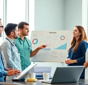 Optimizing marketing für pflegedienste strategies with a professional team in a bright office.