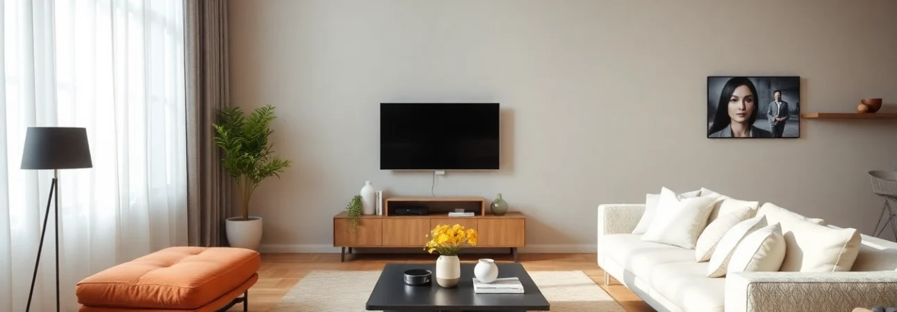 Showcasing best smart home gadgets in a stylish living room setting with modern decor.