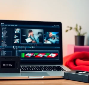 Digitizing MiniDV to digital using a laptop and tape converter in a cozy workspace.