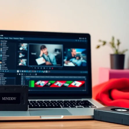 Digitizing MiniDV to digital using a laptop and tape converter in a cozy workspace.