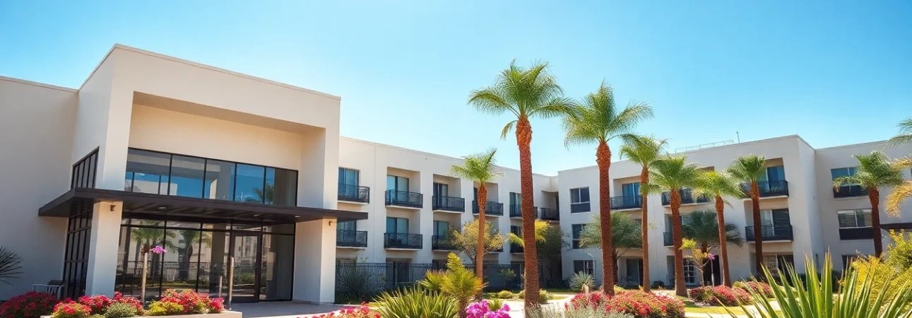 View of apartments for rent in Glendale AZ, showcasing modern architecture and lush surroundings.