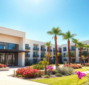 View of apartments for rent in Glendale AZ, showcasing modern architecture and lush surroundings.