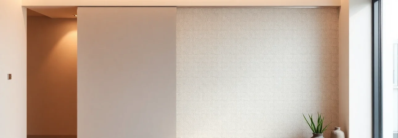 Sliding partition wall elegantly divides open space, enhancing room aesthetics and functionality.